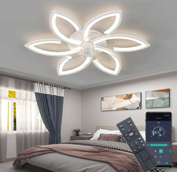 ventilador didadida instalado en dormitorio con diseño de hojas con luz
