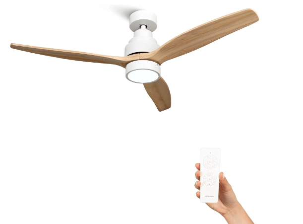 Ventilador marca Mellerware mostrando mando a distancia